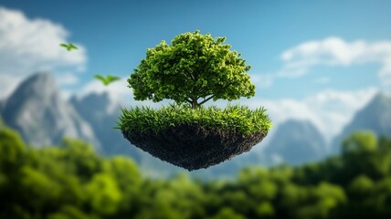 A floating tree above lush green grass, surrounded by majestic mountains and a clear blue sky, symbolizing nature's beauty.