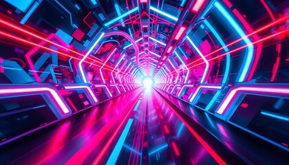 A futuristic, neon-lit tunnel with a red circular light at the end, surrounded by blue and pink streaks of light creating a sense of speed and motion