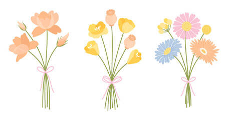 Obraz premium Set of three bunch wildflowers. Floral bouquet. Flowers tied with ribbon, vector illustration. Meadow herbs, and wild plants for design projects