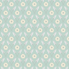 Seamless pattern with flowers and leaves of convolvulus plant. Template with bindweed wildflowers for fashion prints. Diamond shape grid. Pale Turquoise background. Vector illustration