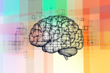 A wireframe brain is superimposed on a multicolored geometric background, representing creativity and thought processes.