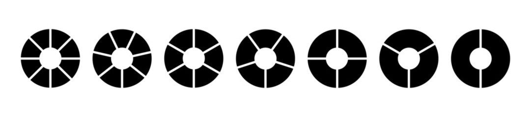 Circle division infographic icon set. Pie chart divided 6,7,8 equal parts. Ring or donut round diagram. Infographic wheel segment and fraction. Vector illustration isolated on white background.