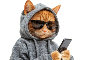 A humorous image of a cat dressed in a gray hoodie while holding a smartphone. Captures a modern-day, relatable and funny scenario.