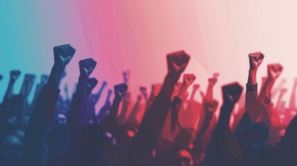 Fototapeta premium A vibrant crowd raises fists in solidarity, symbolizing unity and strength in social movements and protests.