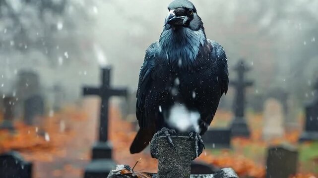 Raven perched on a gravestone in a foggy cemetery during autumn