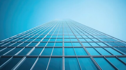 Fototapeta premium Low angle view of a modern building with blue glass windows against a blue sky.