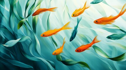 Shoal of colorful fish swimming through a dense kelp forest, intricate patterns formed as they navigate the tall, swaying kelp stalks