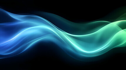 Abstract wavy lines in blue and green on a dark background.