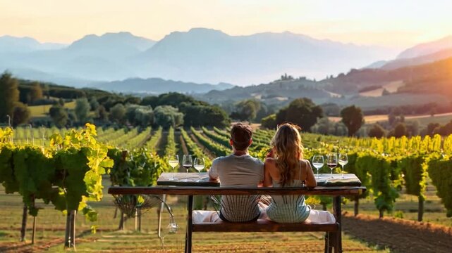 Couple enjoying a wine tasting tour, savoring different wines in a picturesque vineyard.