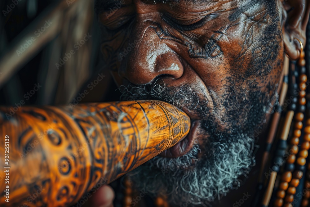 Wall mural close up of a man blowing into a wooden instrument with intricate carvings.