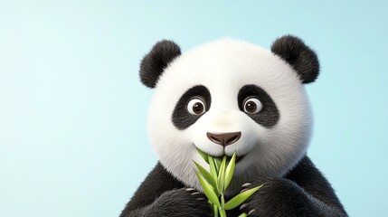 Adorable panda munching on fresh green bamboo with a joyful expression against a soft blue...