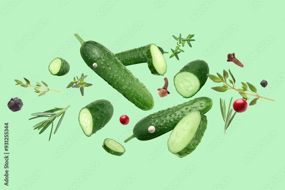 Poster ripe cucumbers, herbs and spices flying on light green background