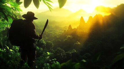 Jungle explorer, adventurer with machete and ancient ruins.