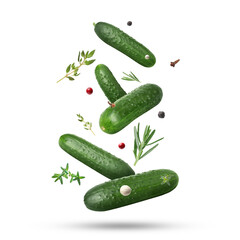 Ripe cucumbers, herbs and spices falling on white background