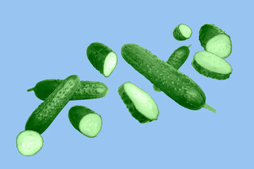 Many ripe cucumbers flying on light blue background