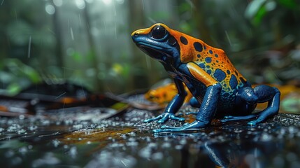 Fototapeta premium Colorful poison dart frog on rainforest floor,