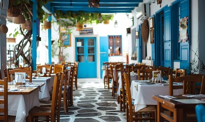 Fototapeta premium Chairs with tables in typical Greek tavern in Little Venice part of Mykonos town, Mykonos island, Greece. 