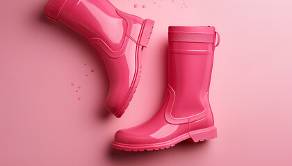 Pink rubber boots on color background, flat lay