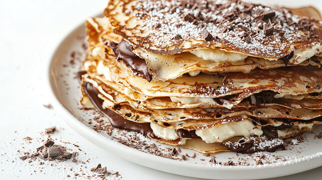 Stack of chocolate noisette and Chantilly cr&Atilde;&ordf;pes on white background space for text
