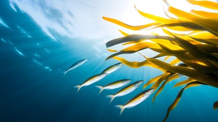 In a serene underwater scene, a tight formation of fish moves rhythmically through towering kelp, their colorful bodies glistening in the filtered sunlight