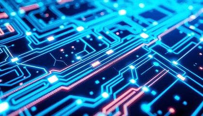A close-up view of a futuristic circuit board with intricate patterns of glowing blue and red electronic traces, suggesting advanced technology and digital infrastructure