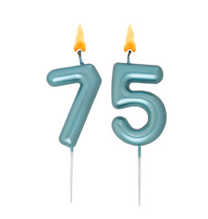 Burning blue birthday candles isolated on white background, number 75