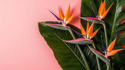 Obraz premium arrangement of Strelitzia reginae, commonly known as Bird of Paradise flowers, complemented by rich, green tropical leaves.