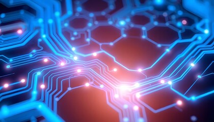 A close-up view of a futuristic circuit board with intricate patterns of glowing blue and red electronic traces, suggesting advanced technology and digital infrastructure