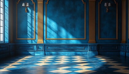 Elegant Gold-Framed Pedestal with a Reflective Surface on a Dark Background. Sophisticated and Minimalist Display Ideal for Themes of Luxury, Product Presentation, and Modern Design.