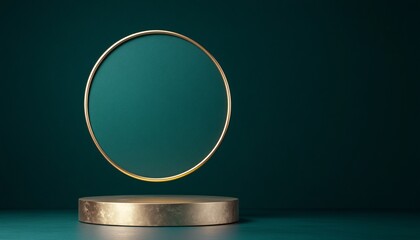 Minimalist Gold Ring Floating Above a Pedestal Against a Dark Green Background. Elegant and Modern Design Perfect for Themes of Luxury, Simplicity, and High-End Product Display.