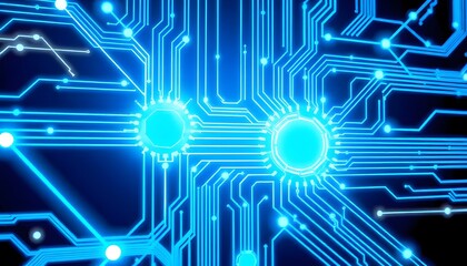 Abstract blue circuit board with glowing lines and lights, representing technology, electronics, or computer hardware