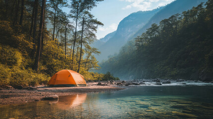 Camping tent set up beside a clear, sparkling river with surrounding forested mountains.