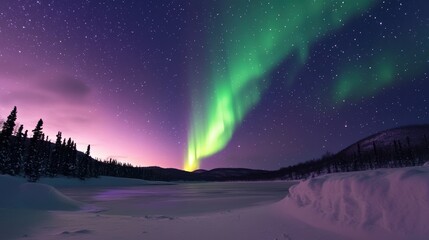 A stunning display of the Northern Lights over a snowy landscape at twilight.