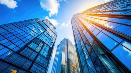 Low angle view of modern glass skyscrapers with blue sky and clouds reflecting in the windows.