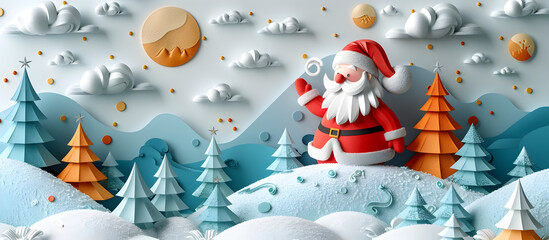 Playful Paper Santa Delivering Gifts in Whimsical Winter Wonderland Landscape