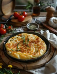 Rustic Spanish Tortilla Espanola on wooden table, garnished with herbs