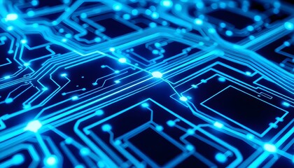 Abstract blue circuit board with glowing lines and lights, representing technology, electronics, or computer hardware