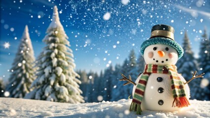 Obraz premium Merry christmas and happy new year greeting card with copy-space.Happy snowman standing in christmas landscape.Snow background.Winter fairytale.