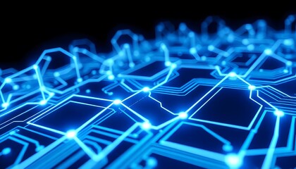 Obraz premium Abstract blue circuit board with glowing lines and lights, representing technology, electronics, or computer hardware