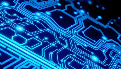 Fototapeta premium Abstract blue circuit board with glowing lines and lights, representing technology, electronics, or computer hardware