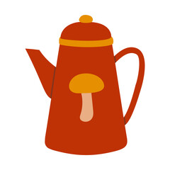 Red Teapot with Yellow Accents and Mushroom Design Hand Drawn Flat Vector Illustration Isolated. Design for Kitchen Decor, Tea Party Theme