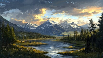 Fototapeta premium Majestic mountain range at sunset reflecting on calm river.