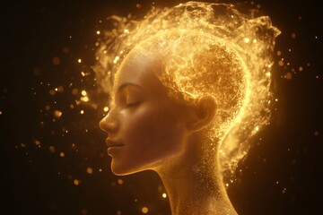 Golden light illuminates a woman’s profile her thoughts visibly active and vibrant