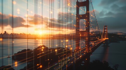 Futuristic san francisco bridge at sunset with ai design elements for marketing campaign