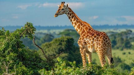 Fototapeta premium Graceful giraffe stretching to reach high branches,