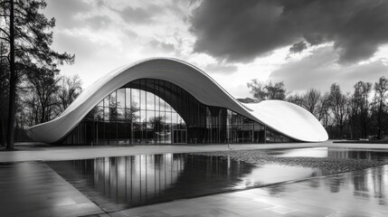 Obraz premium Modern building with curved roof and large windows reflected in a wet plaza.
