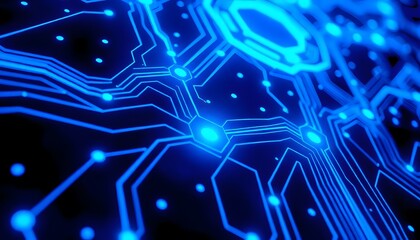 A close-up view of a blue-toned electronic circuit board with intricate patterns and traces