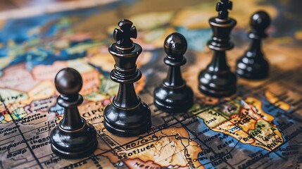 Close-up shot of chess pieces on a vintage map, representing strategy and the game of chess.