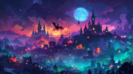 Witch flying on a broomstick over a village with decorated houses cartoon Vector Illustration