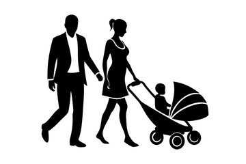 Parents Walking with Stroller, Mother Pushing It, Vector Illustration, Family Outing, Parenting Clipart